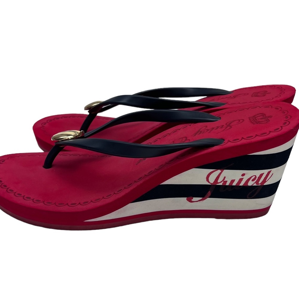 Juicy Couture Red White Blue Thong Slip On Wedge Gold Tone Apple SZ9 4Th Of July - Picture 3 of 9